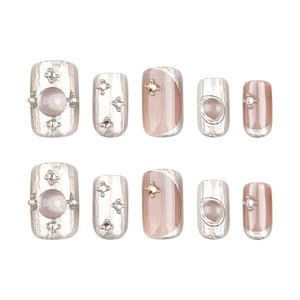 French style silver and pink cat-eye press-on nails set with rhinestones and metal beads