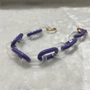Detailed view of purple acrylic chain links with a gold round clasp on white faux fur