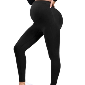 Seamless high waisted black maternity leggings with belly support for athletic wear