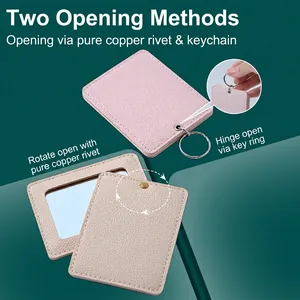 Portable PU leather folding mini makeup mirror with metal keychain and brass rivets
