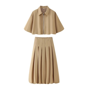 Completo Donna Giacca Corta Con Zip E Gonna A Pieghe Vita Alta Poliestere Cotone Stile Urbano Alla Moda