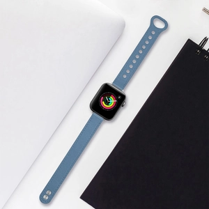 Blue leather replacement strap with stud buckle for smart watch, stylish accessory band design.