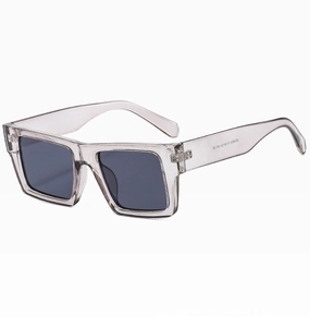 Detail of translucent gray rectangular sunglasses showing frame thickness and temple specs