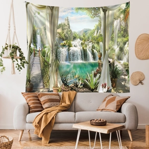 Scenic landscape tapestry featuring waterfalls and a lake as a sofa backdrop
