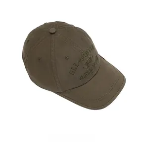 Top-down view of a dark brown cotton baseball cap with 3D embroidery and eyelets