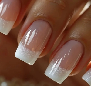 Close-up of French tip press-on nails with pink base and white glitter square tips