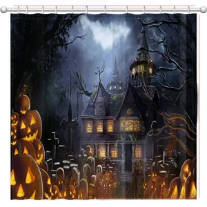 Halloween Duschvorhang mit Gotik-Schloss und Kürbis-Motiv, Maße ca. 180x180 cm