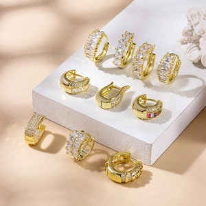 Luxury geometric gold hoop earrings set with sparkling colorful zircon stones