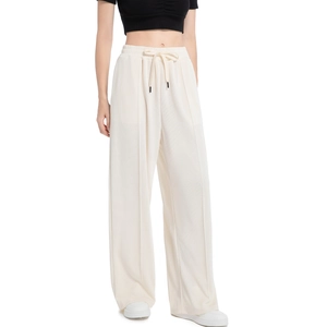 Women Ribbed Knit Wide Leg Pants Drawstring Elastic Waist Solid Color Loose Casual Trousers Trendy Fashion