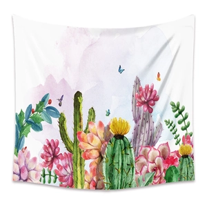 Detail of watercolor tapestry featuring hummingbirds, butterflies, and desert cacti plants