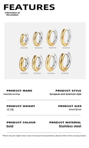 Detailed size chart for gold stainless steel hoop earrings showing 4mm and 5mm thickness