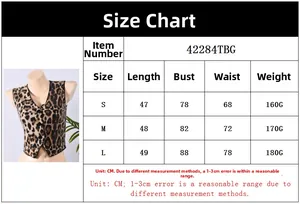 Size chart for sequin leopard print vest top with chest and length measurements in centimeters