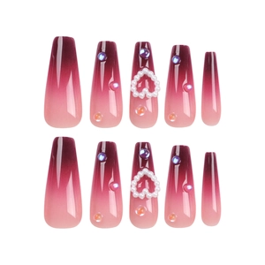 Long coffin gradient nails with wine red ombre, pearl hearts and crystal accents