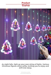 Detail view of LED Christmas curtain lights with stars and figurines and remote control