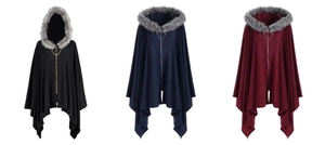 Detail of hooded batwing capes with faux fur trim and metal chains in three colors