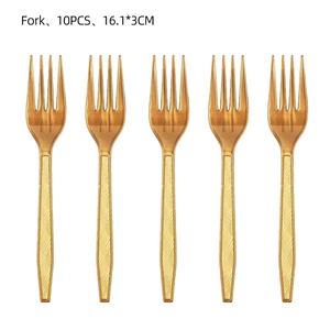 Detailed view of ten golden plastic party forks with textured handles 16.1cm length
