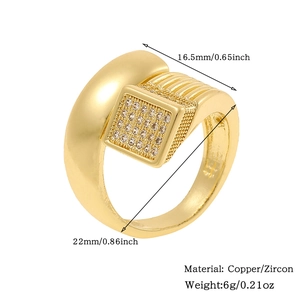Detail view of 18K gold plated ring with copper zircon material and size specifications