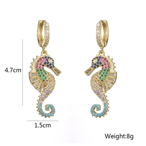 18K gold plated seahorse earrings with colorful crystals, measuring 4.7cm in length