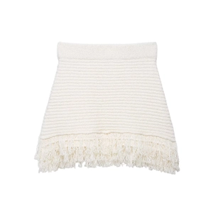 Jupe boutonnée en tricot blanc taille haute trapèze avec texture rayée et bord à franges