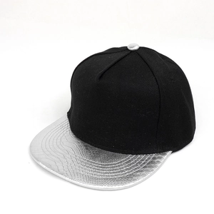 Flat brim hip-hop hat with black crown and silver faux python leather peak details