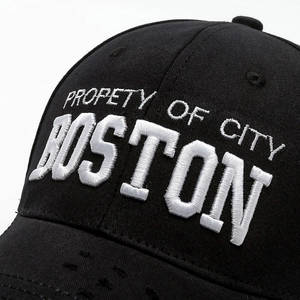 Black cotton baseball cap with Boston 3D embroidery and distressed brim details