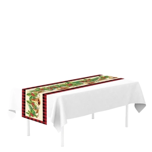 Christmas table runner with red plaid border and gold bell holly leaf pattern
