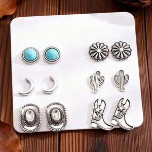 Lot de 6 paires de boucles d'oreilles vintage style western avec turquoise et soleil