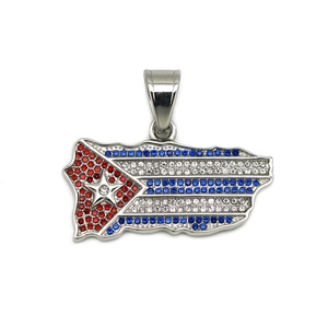 Silver stainless steel Cuba map pendant necklace with red white and blue rhinestones