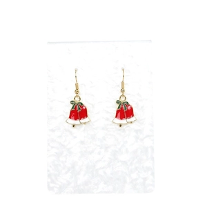 Christmas bell drop earrings with red enamel and green bow detail on golden hooks