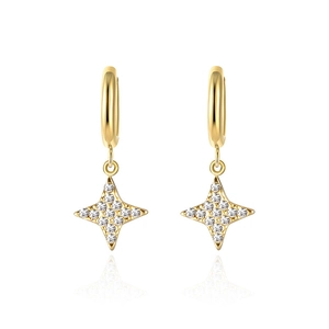 Detail of gold four-pointed star hoop earrings with micro-paved sparkling cubic zirconia