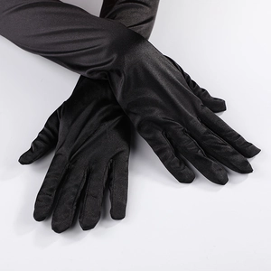 Elegant long black stretch satin evening gloves for women in formal party dress style