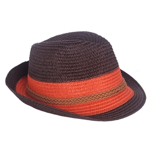 Classic straw fedora hat in dark coffee with an orange woven band for summer sun protection