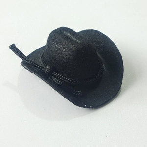 Detail of 8cm black felt miniature cowboy hat with decorative woven band for dolls or pets