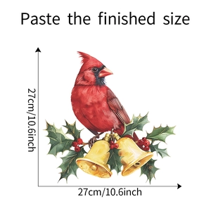 Detailed view of cardinal bird and holly branch wall sticker with size labels