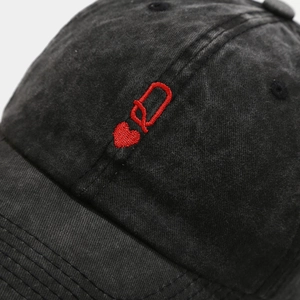 Vintage washed black baseball cap with Queen of Hearts red embroidery detail