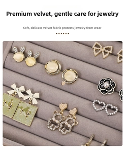 Detail of grey velvet jewelry tray with pearl flowers and bear studs display