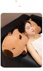 Soft capybara plush pillow with lucky embroidery shown in a cozy home setting