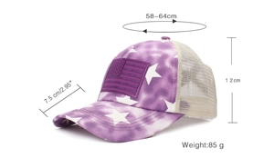 Detail view of purple star trucker hat with adjustable size and breathable mesh specs
