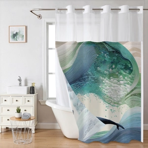 Detail of nautical shower curtain showing mesh top and teal whale tail ocean print