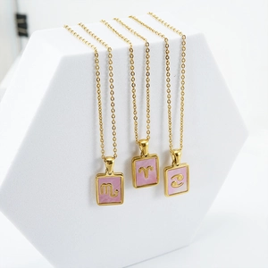18K gold stainless steel 12 Zodiac necklaces with pink shell pendants for women