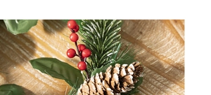Close-up of Christmas wreath with red berries, pine cones and needles on wood