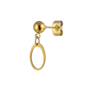 Polished gold stainless steel ball stud earring with a hollow oval drop pendant