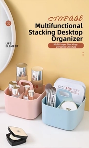 Detail of partitioned plastic desktop organizer handles in pink and sky blue colors