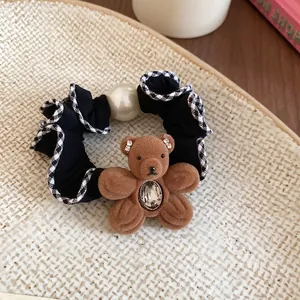 Lace scrunchie with cute flocked bear, diamond accent and large pearl hair accessory