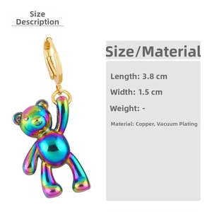 Detailed size view of colorful gradient metal teddy bear earrings in copper with dimensions