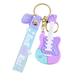 Cool cartoon guitar keychain in purple and blue with Rock AND Roll wrist strap
