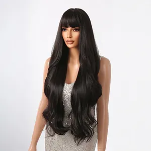 Long wavy black synthetic wig with blunt bangs displayed on a mannequin head