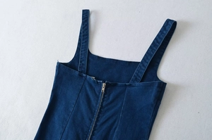 Detailansicht eines dunkelblauen Jeanskleides mit mittigem Metallreißverschluss hinten