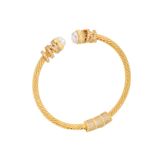 Gold cable twist bangle featuring twin pearls and shimmering zircon accents