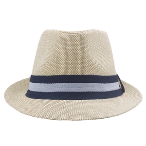 Detailed view of natural straw weave and navy striped ribbon on a beige fedora sun hat